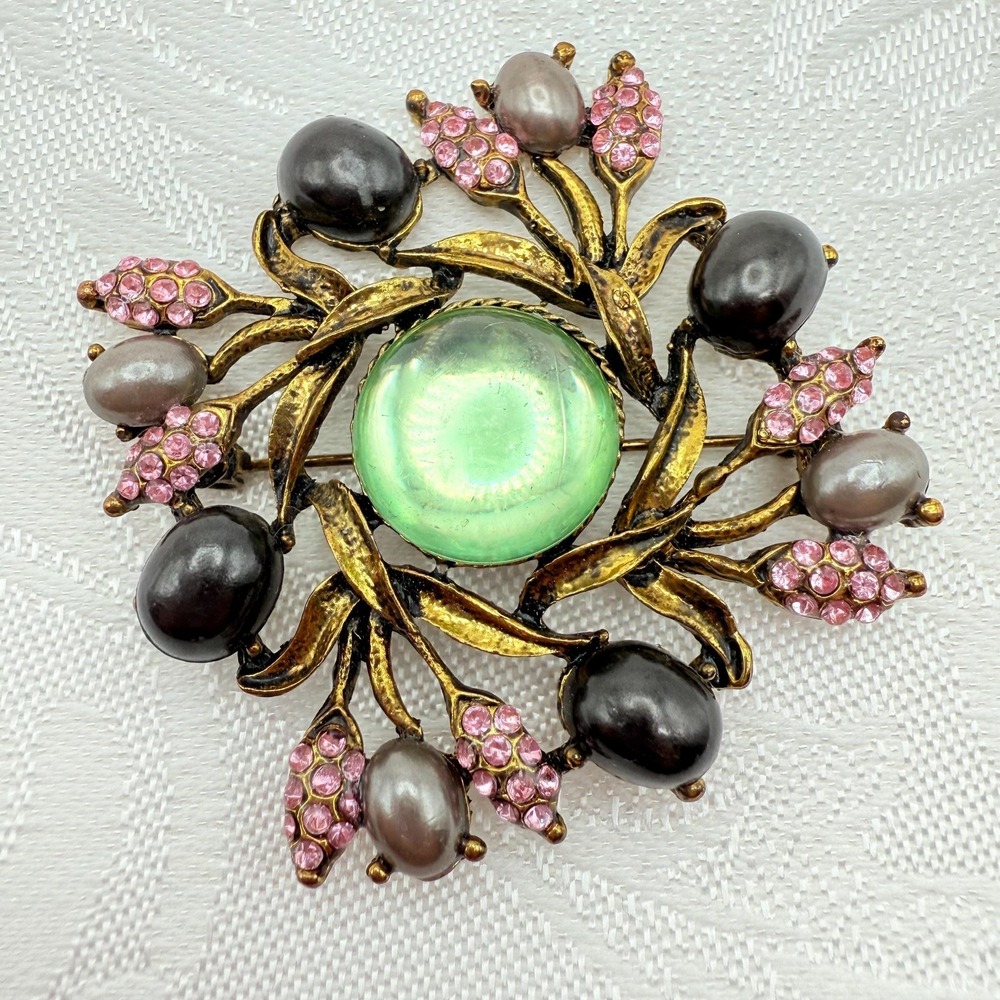 Vintage Gold Tone Floral Brooch w/ Black Beads & Pink Rhinestones w/ Green Glass